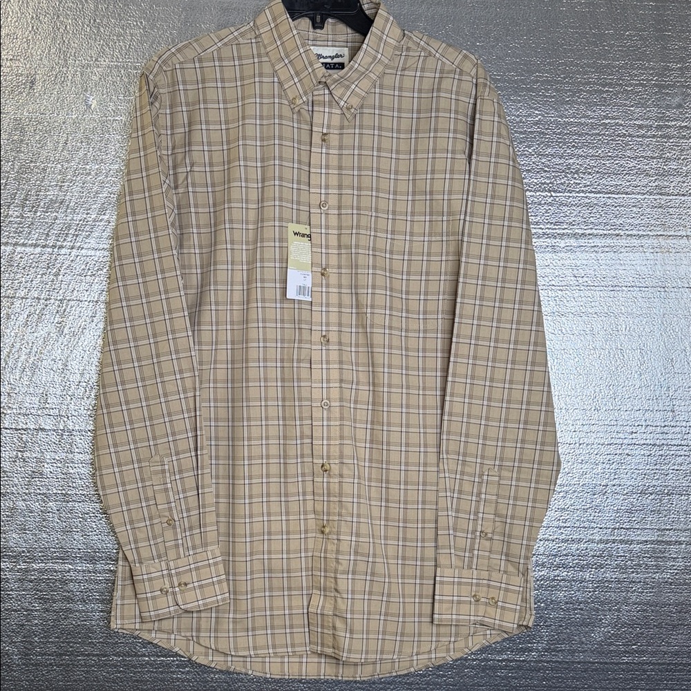 Wrangler RIATA Men's Tan Plaid Button Down Shirt with Front Pocket